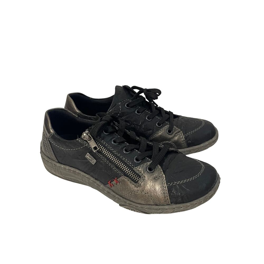 Remonte Women's D3819 Leather Sneaker Black Pewter Side Zip Lace Up EU 38 US 7.5